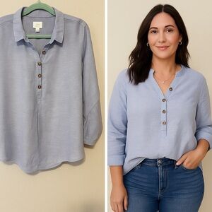 Sigrid Olsen Blue 100% Linen Popover Roll Tab Sleeves Breathable Coastal Boho 1X